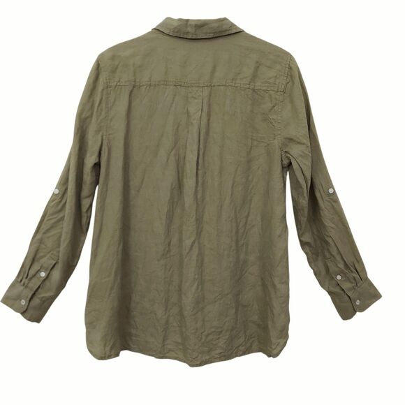 Talbots Tunic Top Womens Large Petite Green Linen Roll Tab Sleeve Beach Coastal - Picture 5 of 10